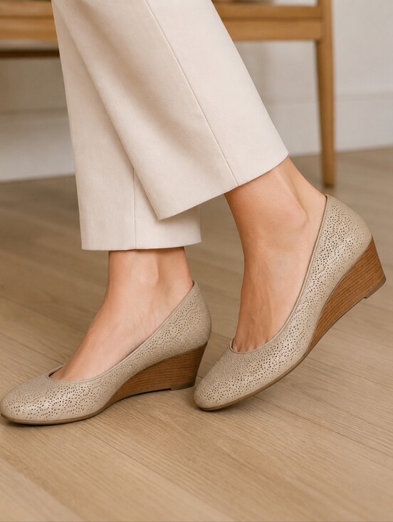 Geox Shoes - Geox Beige Laser Cut Leather Wedge Pumps Size 40